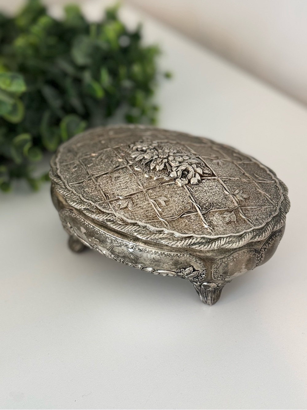 Decorative Silver-Tone Ornate Jewelry Box - Silver
